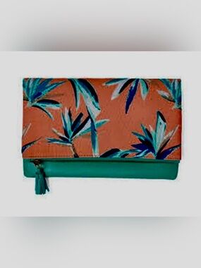 Rachel Pally Coral Floral Print Wristlet with Teal and Aqua Leaves